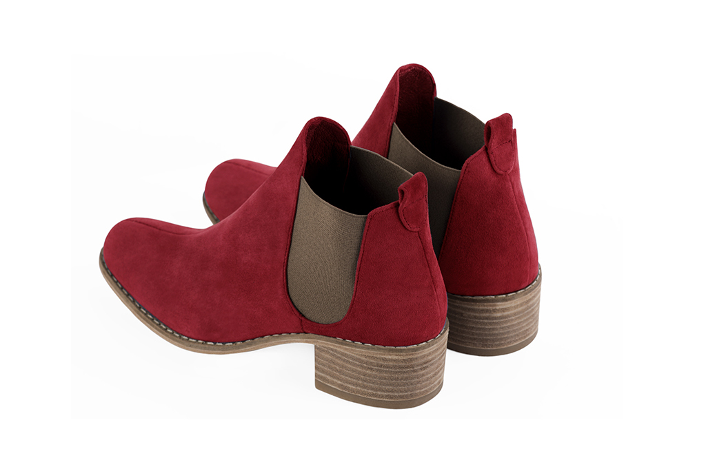 Burgundy red and taupe brown women's ankle boots, with elastics. Round toe. Low leather soles. Rear view - Florence KOOIJMAN